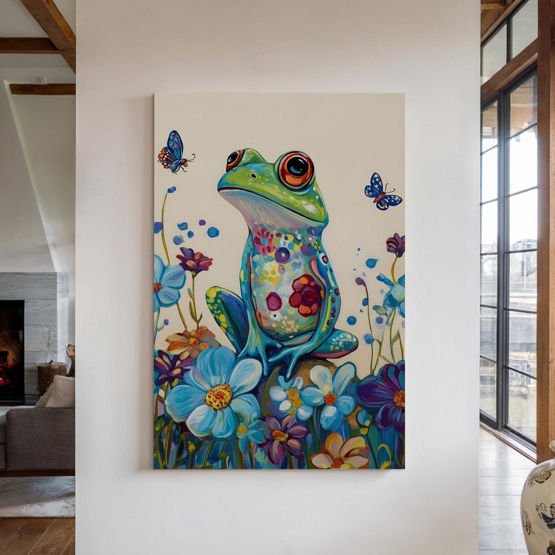 Colorful Frog With Flowers And Butterflies Whimsical Nature Art Print