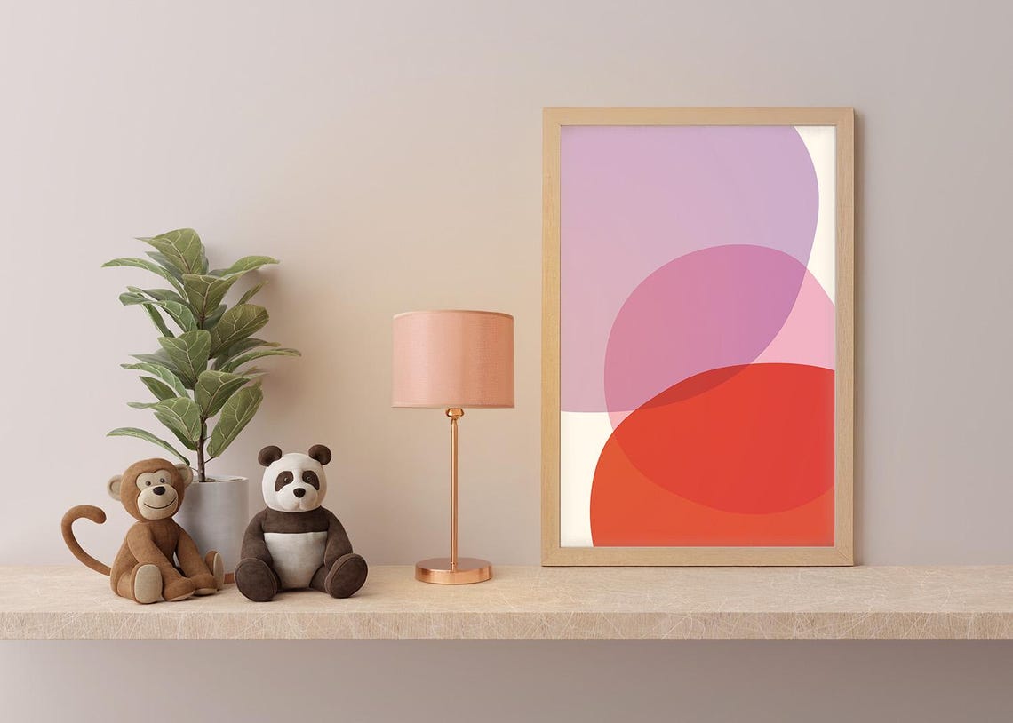 Three Overlapping Circles Lavender Pink Red Modern Abstract Art Print