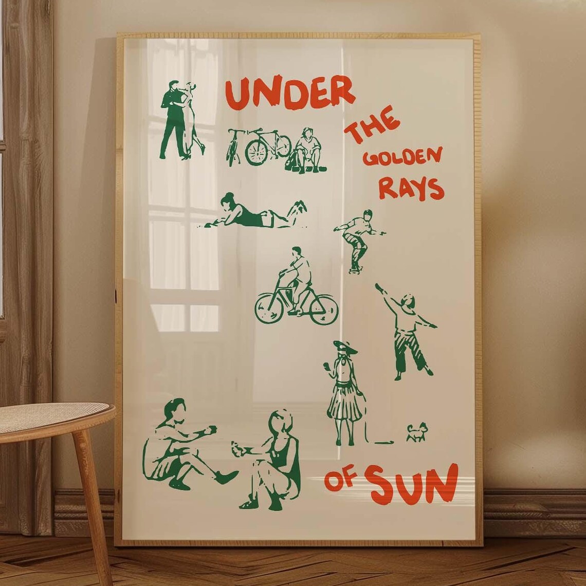 Under the Golden Rays of Sun Green Red Hand Drawn People Summer Poster - Image 2