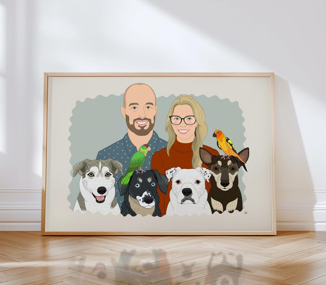 Couple With Four Dogs and Two Parrots Custom Family Portrait Poster - Image 4