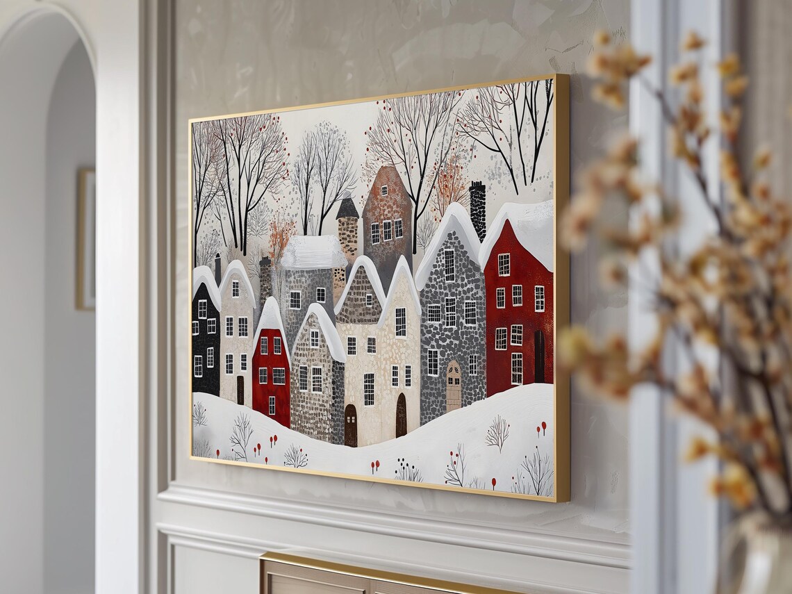 Minimalist Snowy Village Houses In Red Black And Cream Winter Poster - Image 5
