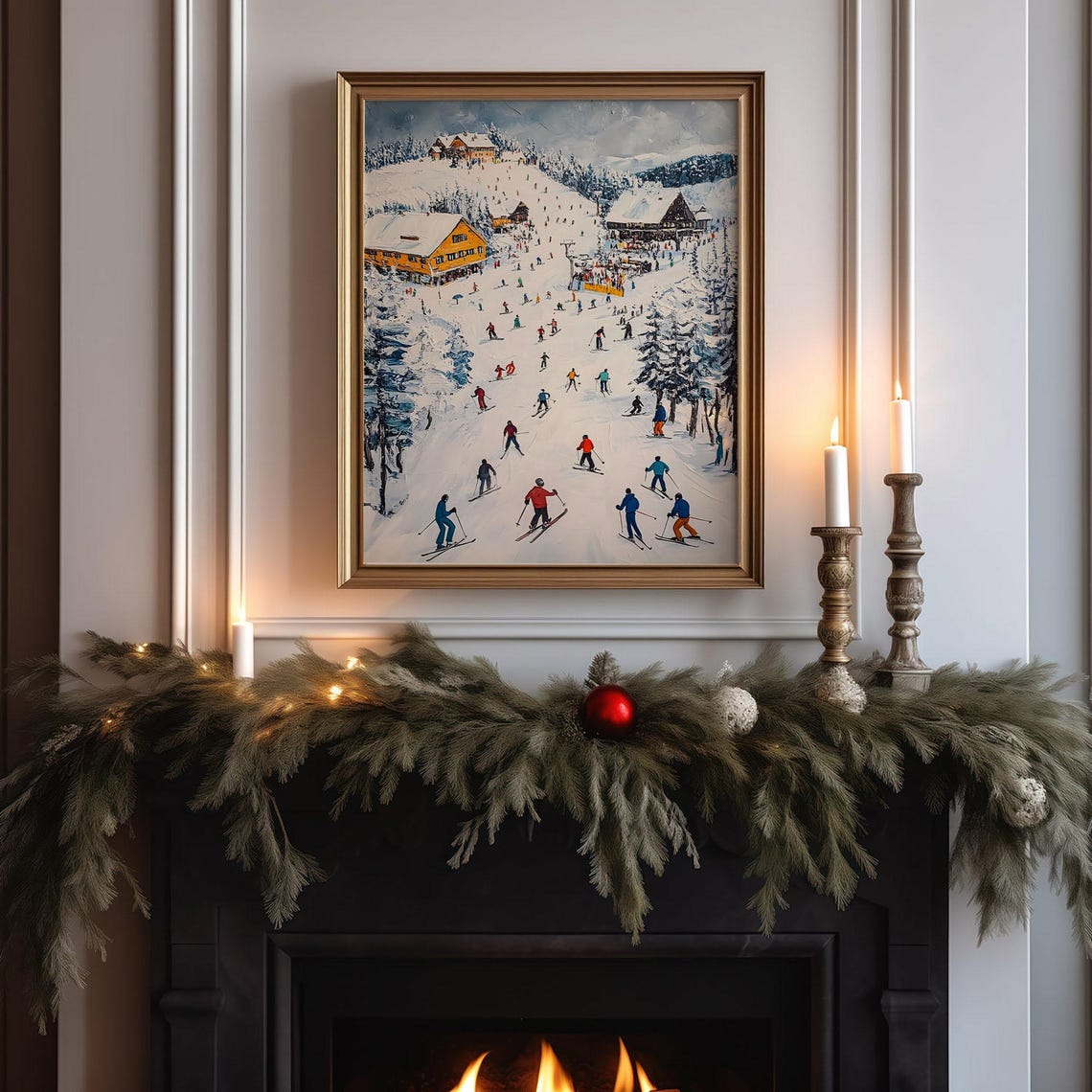 Ski Resort Winter Slopes Crowded Skiers Alpine Village Oil Poster - Image 6