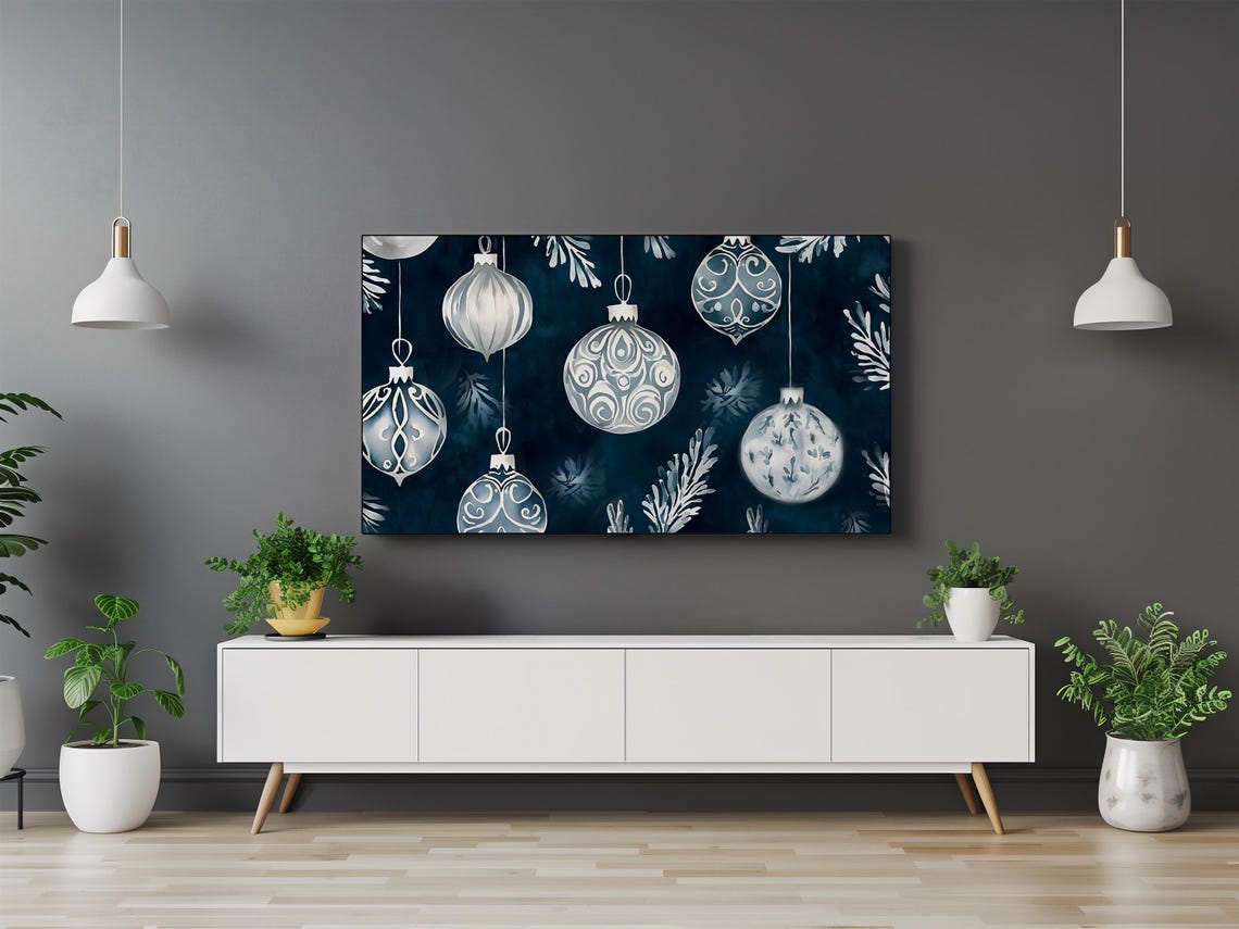Blue White Christmas Ornaments Watercolor Moody Holiday Art Poster - Image 3