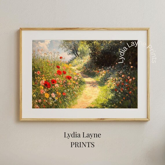 Poppy Field Garden Path Impressionist Floral Landscape Art Print Decor