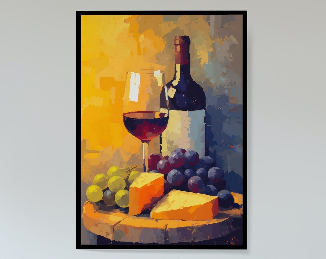 Red Wine Bottle Glass Cheese Grapes Warm Still Life Painting Poster - Image 3