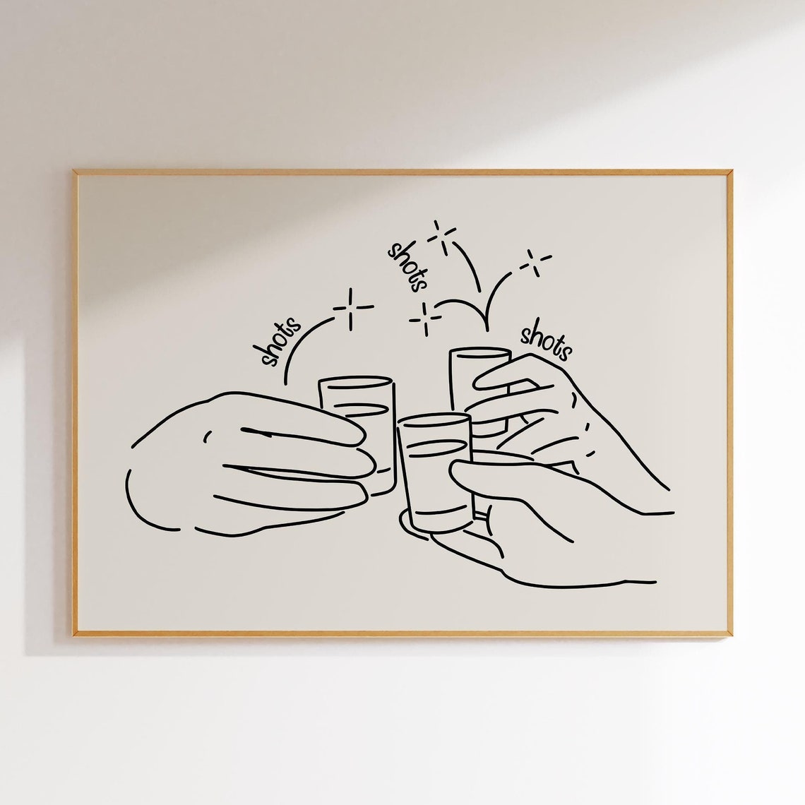 Shots Cheers Minimal Line Art Drawing Bar Cart Party Hands Poster