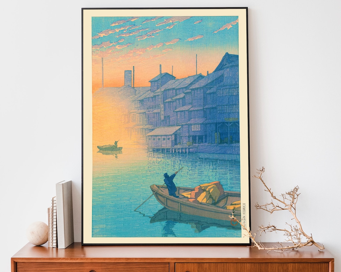 Japanese Sunrise Waterfront Boats Woodblock Style Morning Poster