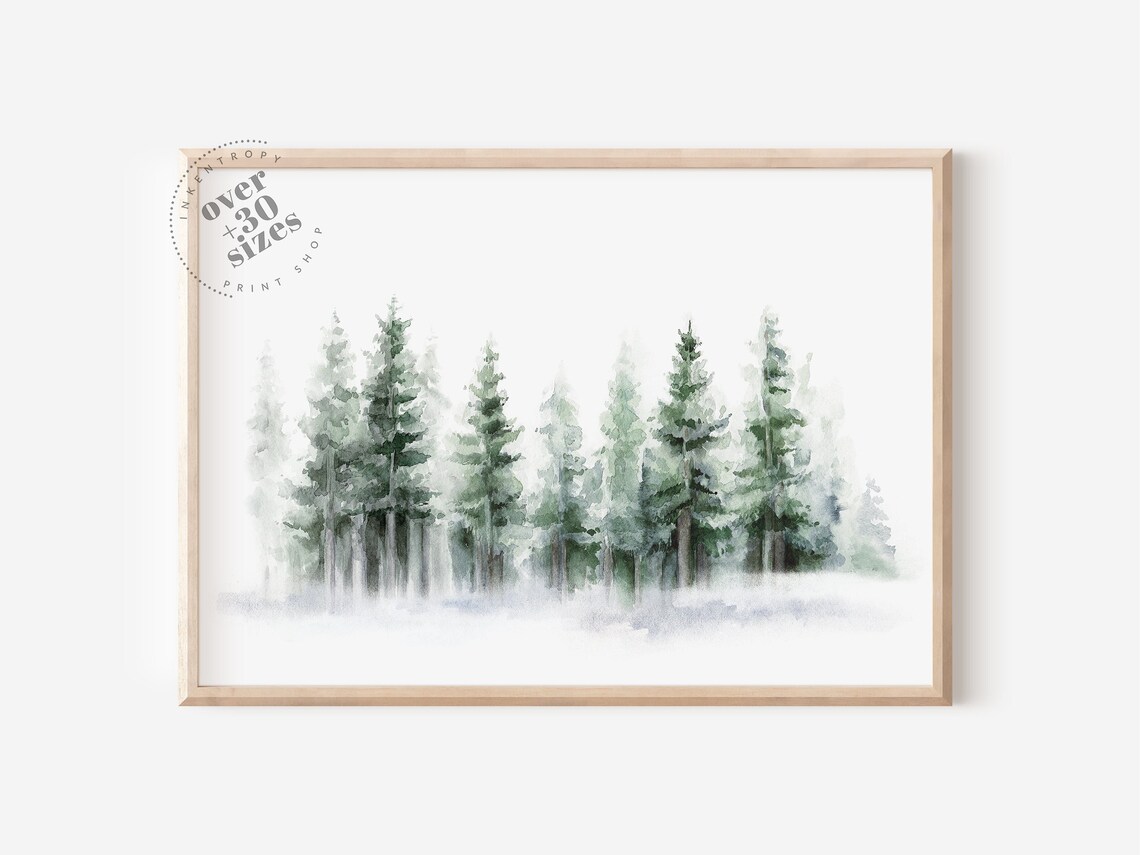 Misty Snowy Pine Forest Watercolor Winter Landscape Wall Art Print