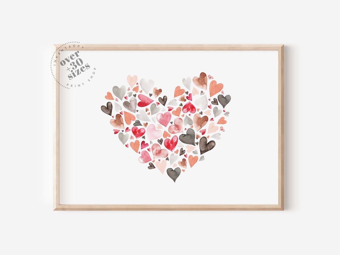 Valentine Heart Collage Pink Watercolor Hearts Love Wall Art Print