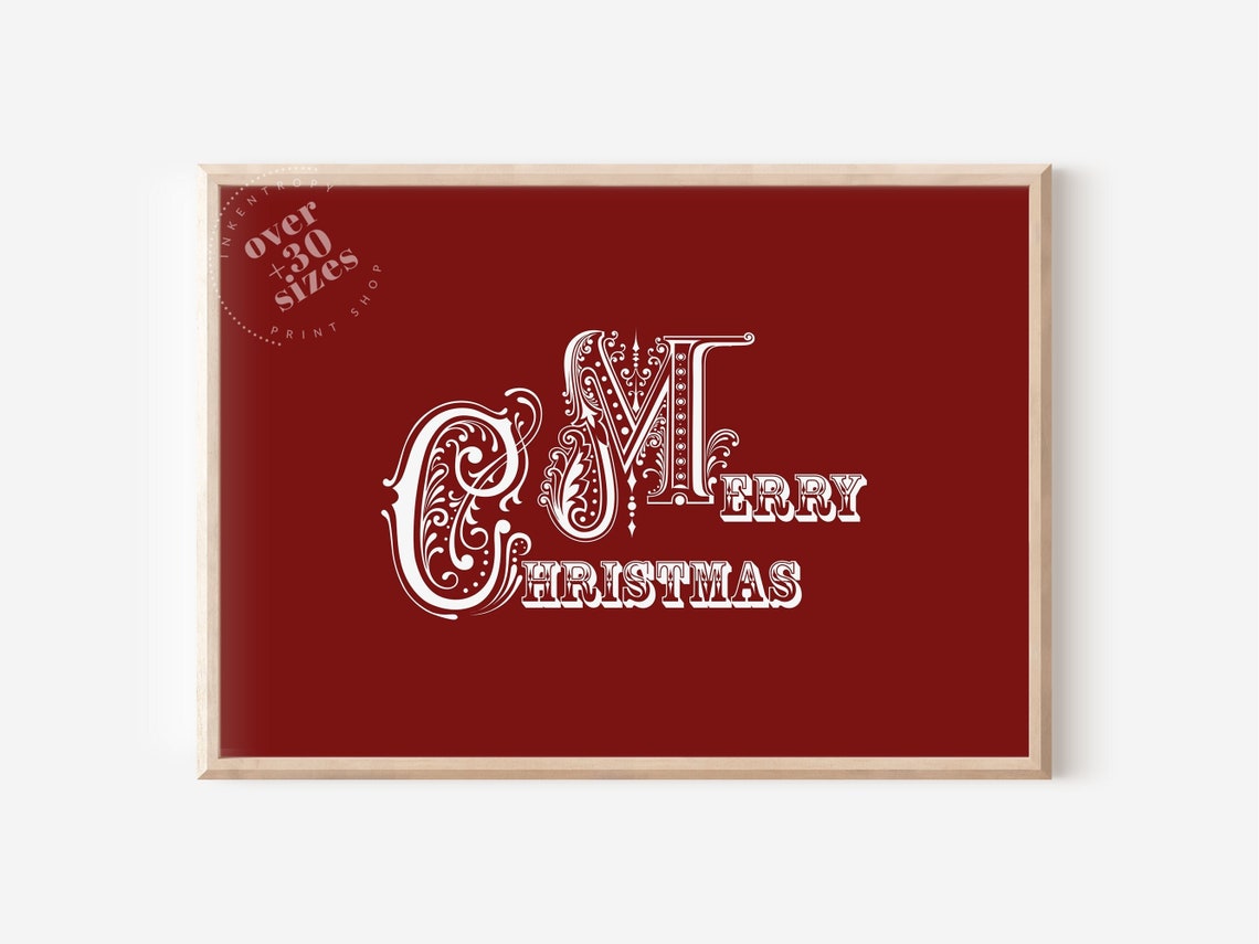 Merry Christmas Ornate Vintage Lettering Deep Red Wall Art Print