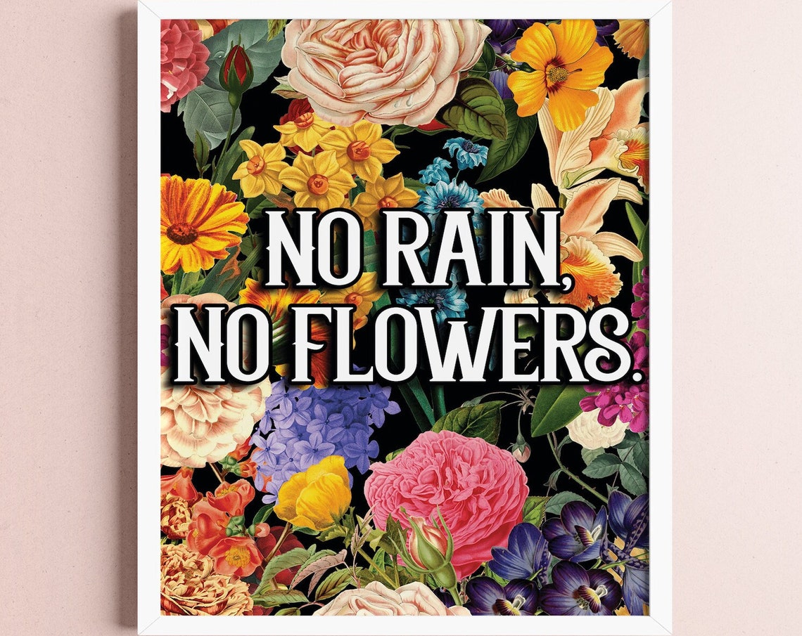 No Rain No Flowers Bold Vibrant Floral Typography Art Poster