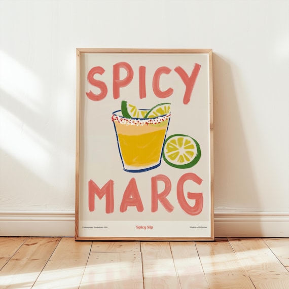 Spicy Marg Margarita Cocktail Hand Drawn Bar Cart Decor Poster