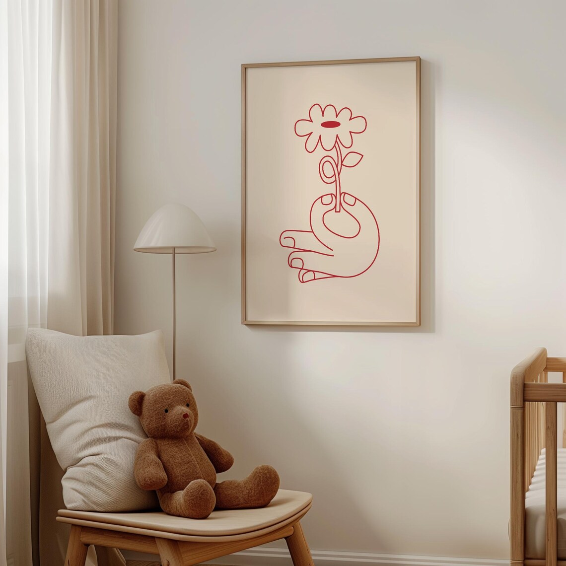 Elegant Minimalist Red Line Drawing Hand Holding a Flower Print - Image 3