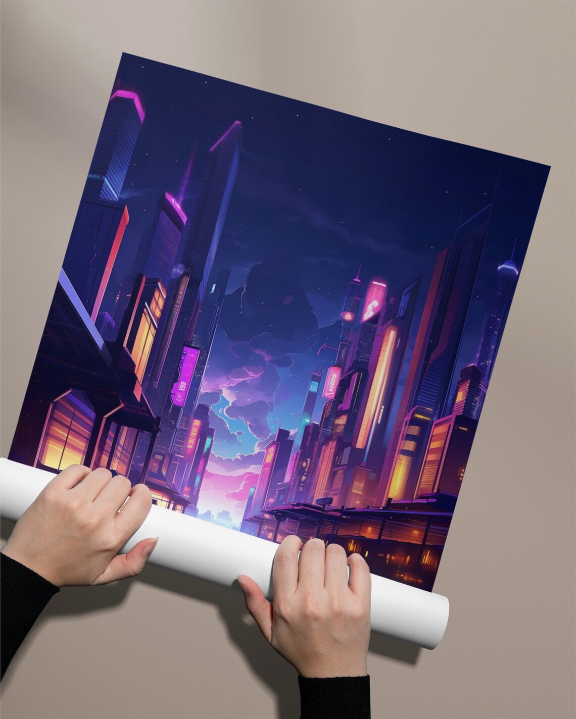 Futuristic Neon Cityscape Purple Skies Wet Street Reflections Poster - Image 2