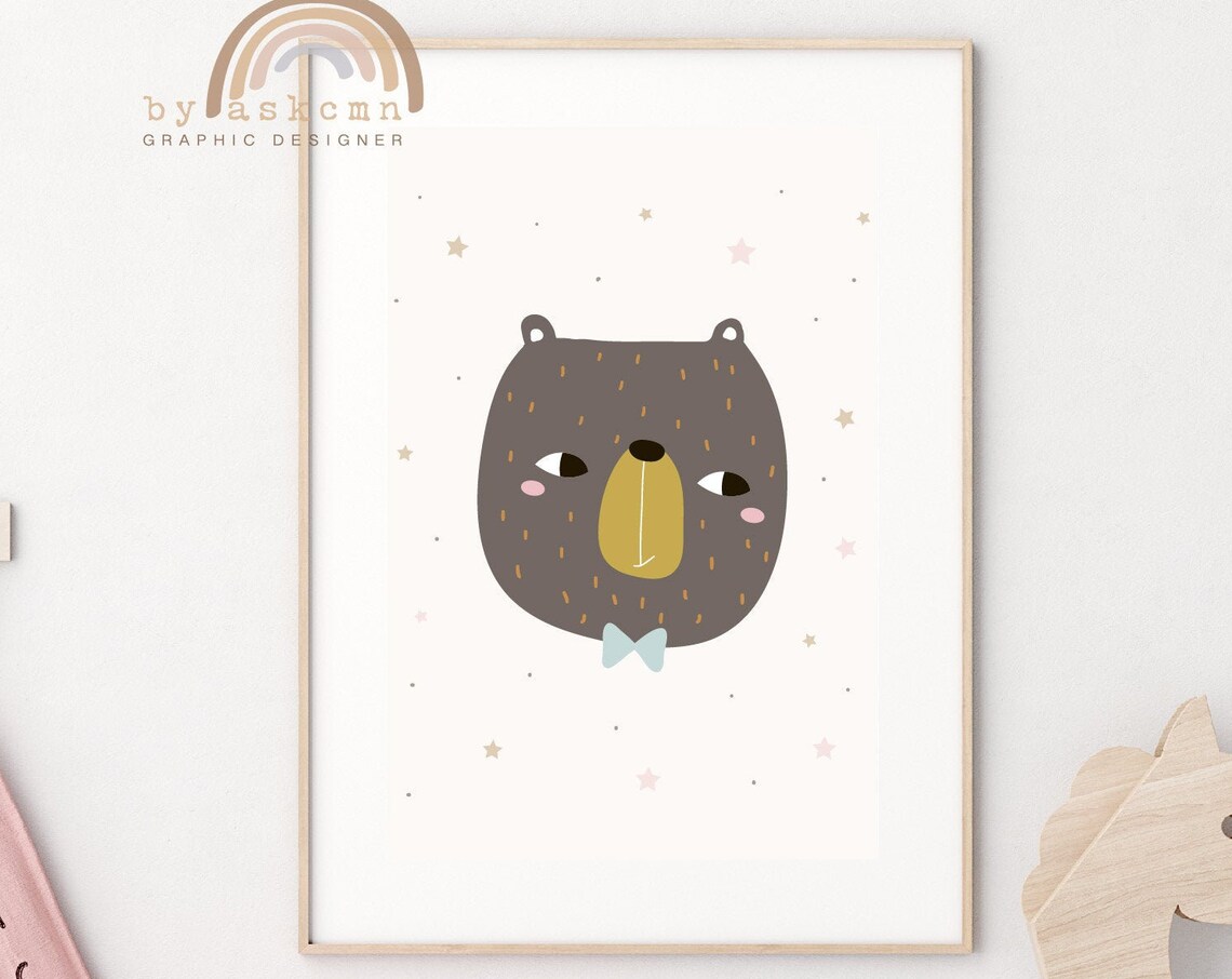 Dark Brown Bear Bow Tie Sleepy Eyes Cute Nursery Animal Wall Decor Poster - Image 6