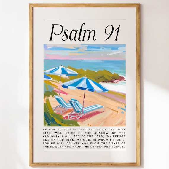 Psalm 91 He Who Dwells Beach Umbrella Coastal Painting Art Poster