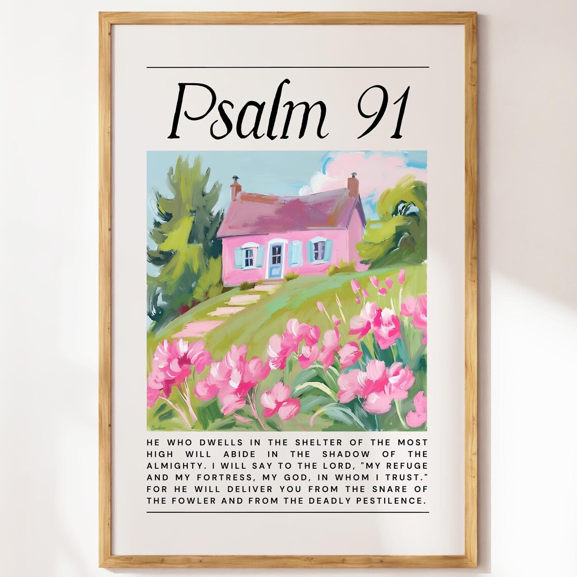 Psalm 91 Pink Cottage Flower Garden Painting Bible Verse Art Poster