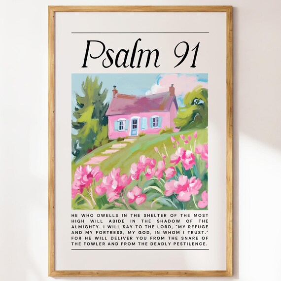 Psalm 91 Pink Cottage Flower Garden Painting Bible Verse Art Poster