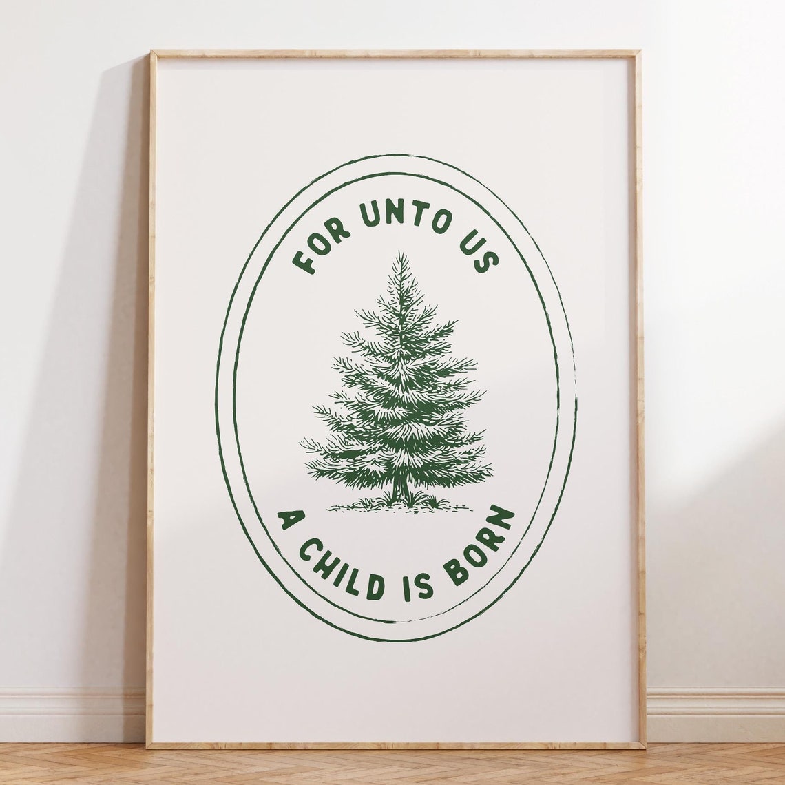 For Unto Us A Child Is Born Green Ink Christmas Tree Stamp Poster
