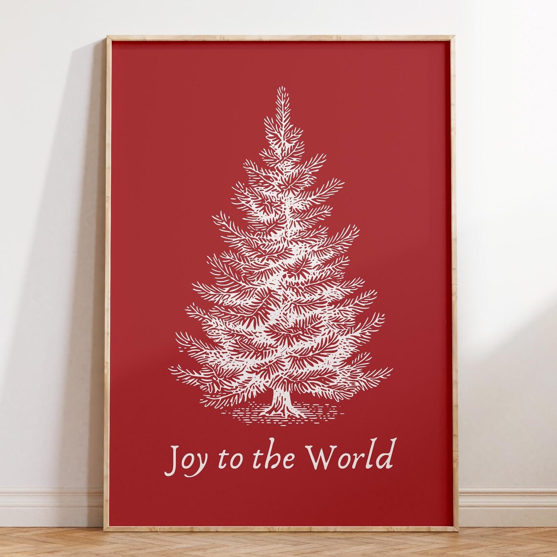 Joy To The World White Pine Tree Sketch Red Christmas Holiday Poster