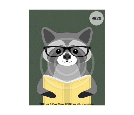 Cute Raccoon Reading Book With Glasses Green Forest Kids Room Decor Poster