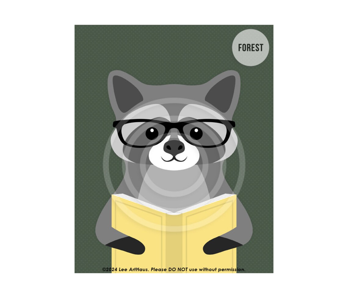 Cute Raccoon Reading Book With Glasses Green Forest Kids Room Decor Poster