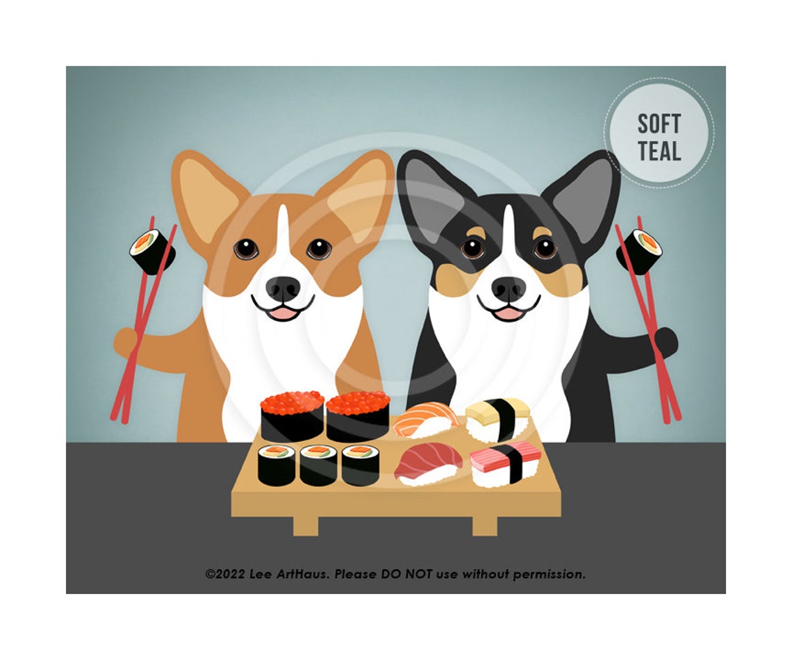 468dp Corgi Gifts Two Corgi Dogs Eating Sushi Wall Art Print Sushi Print Modern Dog Art Foodie Gift Sushi Drawing Dog Decor - Image 4