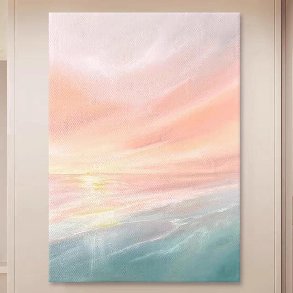 Soft Pastel Pink Sunset Sky over Calm Teal Ocean Waves Art Poster