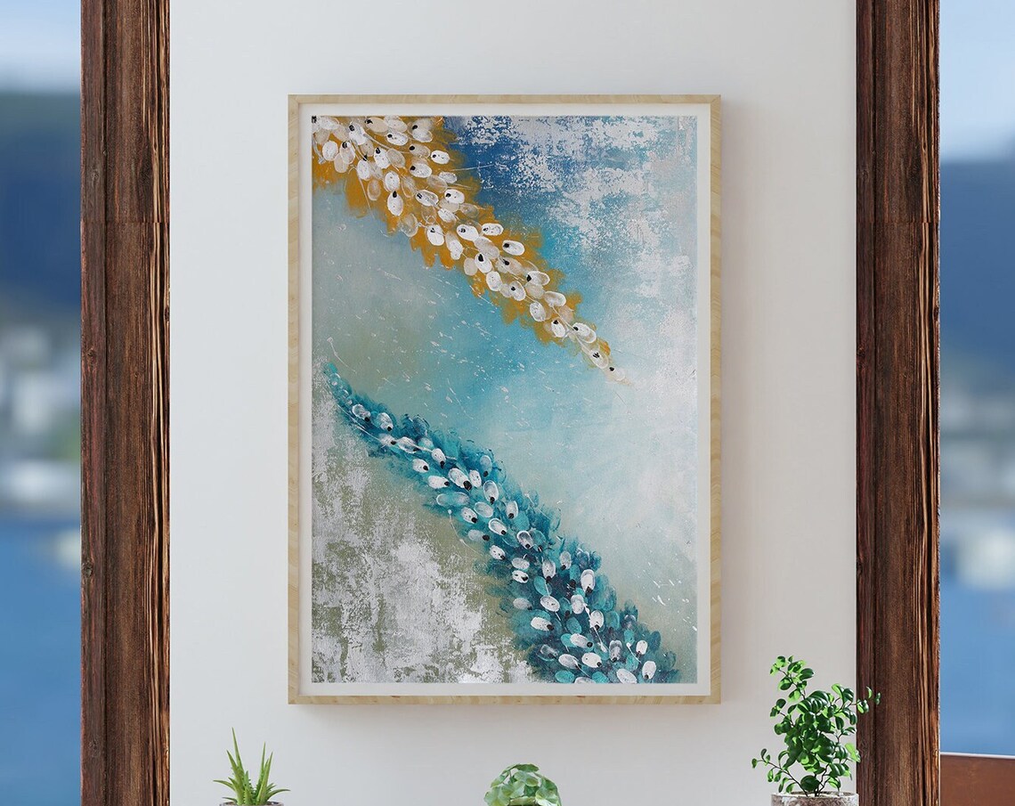 Teal Gold White Blossom Trails Abstract Floral Art Wall Poster - Image 4