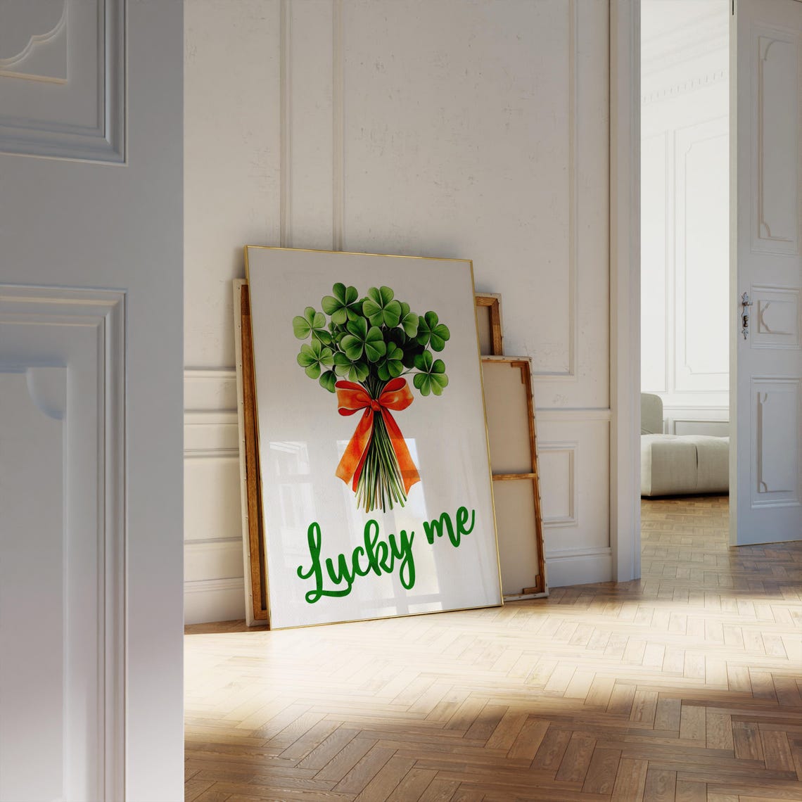 Lucky Me Shamrock Bouquet Red Bow St Patricks Day Wall Art Print - Image 3
