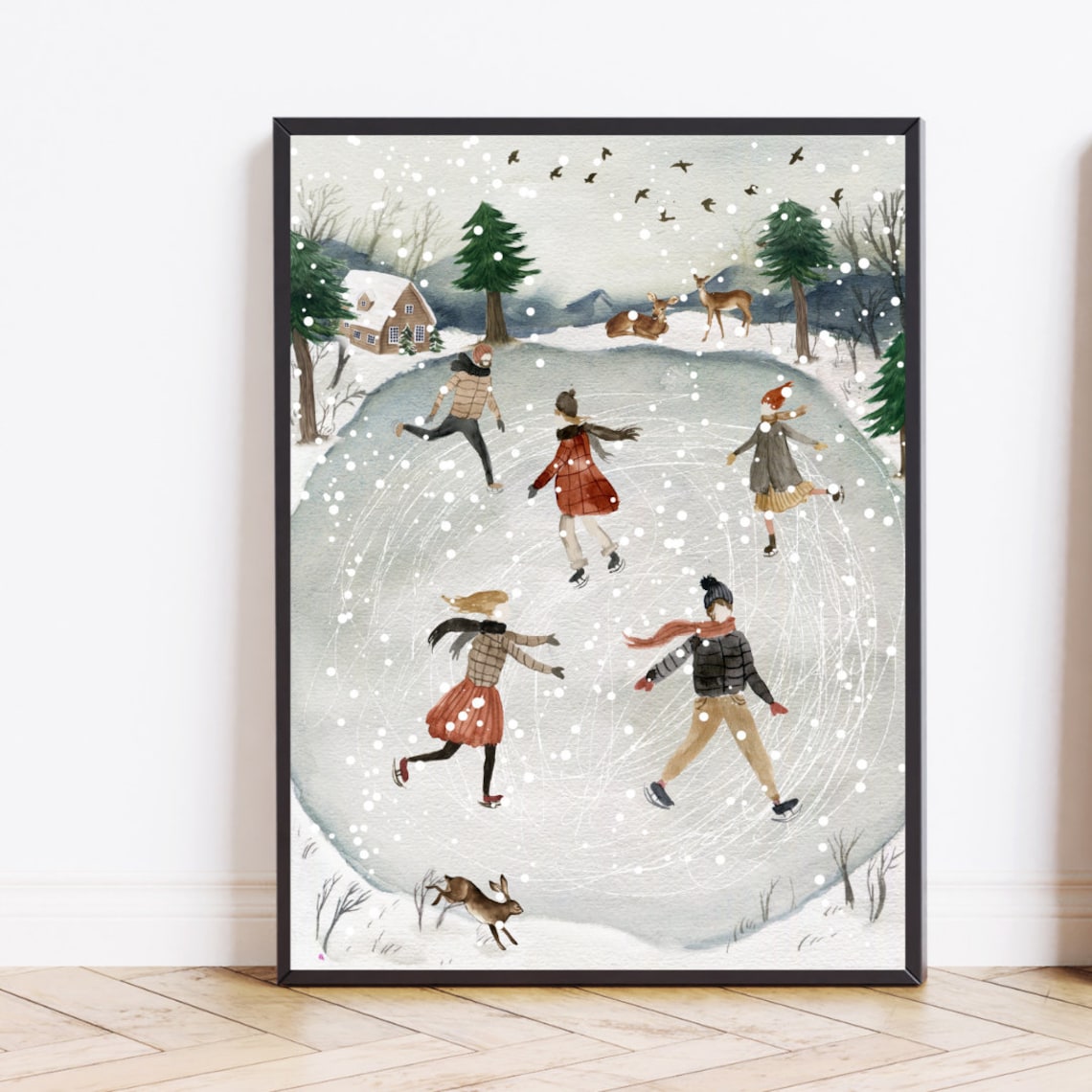 Ice Skating Christmas Prints, Rustic Winter Poster