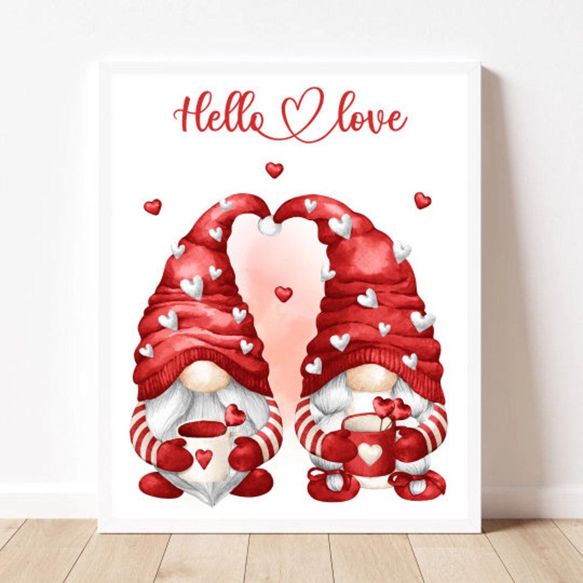 Hello Love Cozy Red Gnome Couple Cocoa Valentines Day Poster
