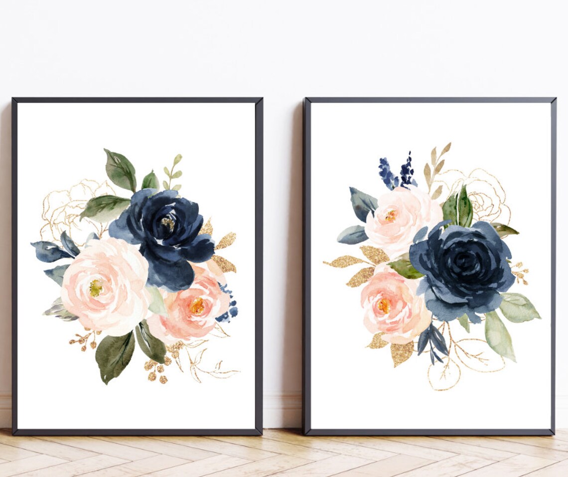 Navy Blush Watercolor Flower Print, Nursery Decor