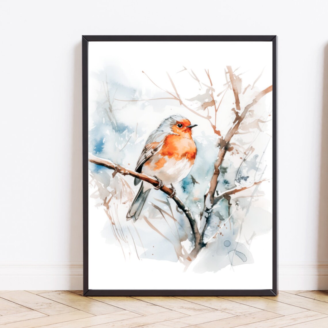 Watercolor European Robin Winter Bird On Snowy Branch Poster