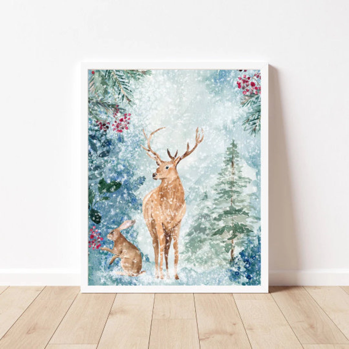 Winter Deer and Rabbit Snowy Forest Watercolor Holiday Animals Poster - Image 2
