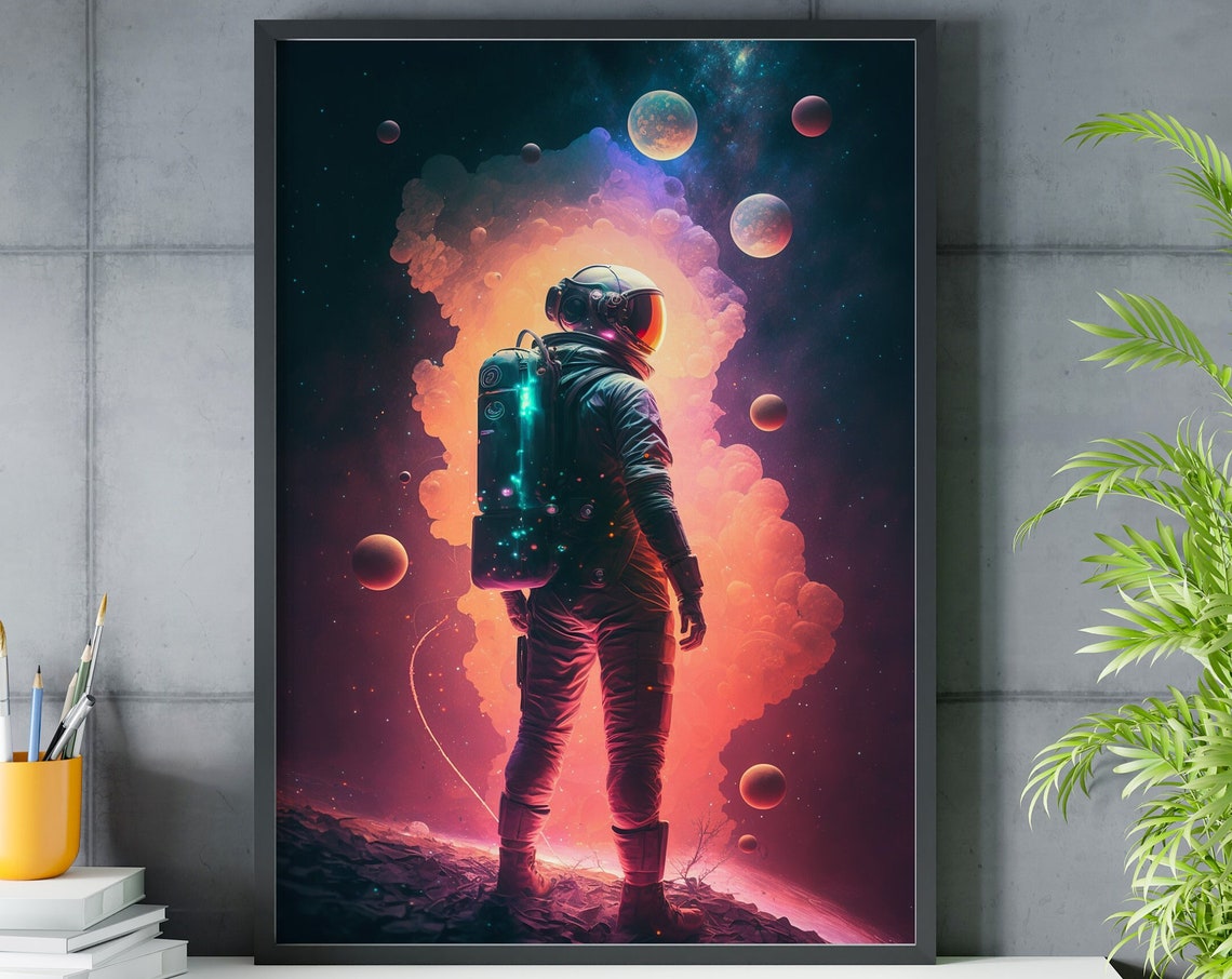 Astronaut Before Glowing Cloud Poster Pink Planets Cosmic Vista Art