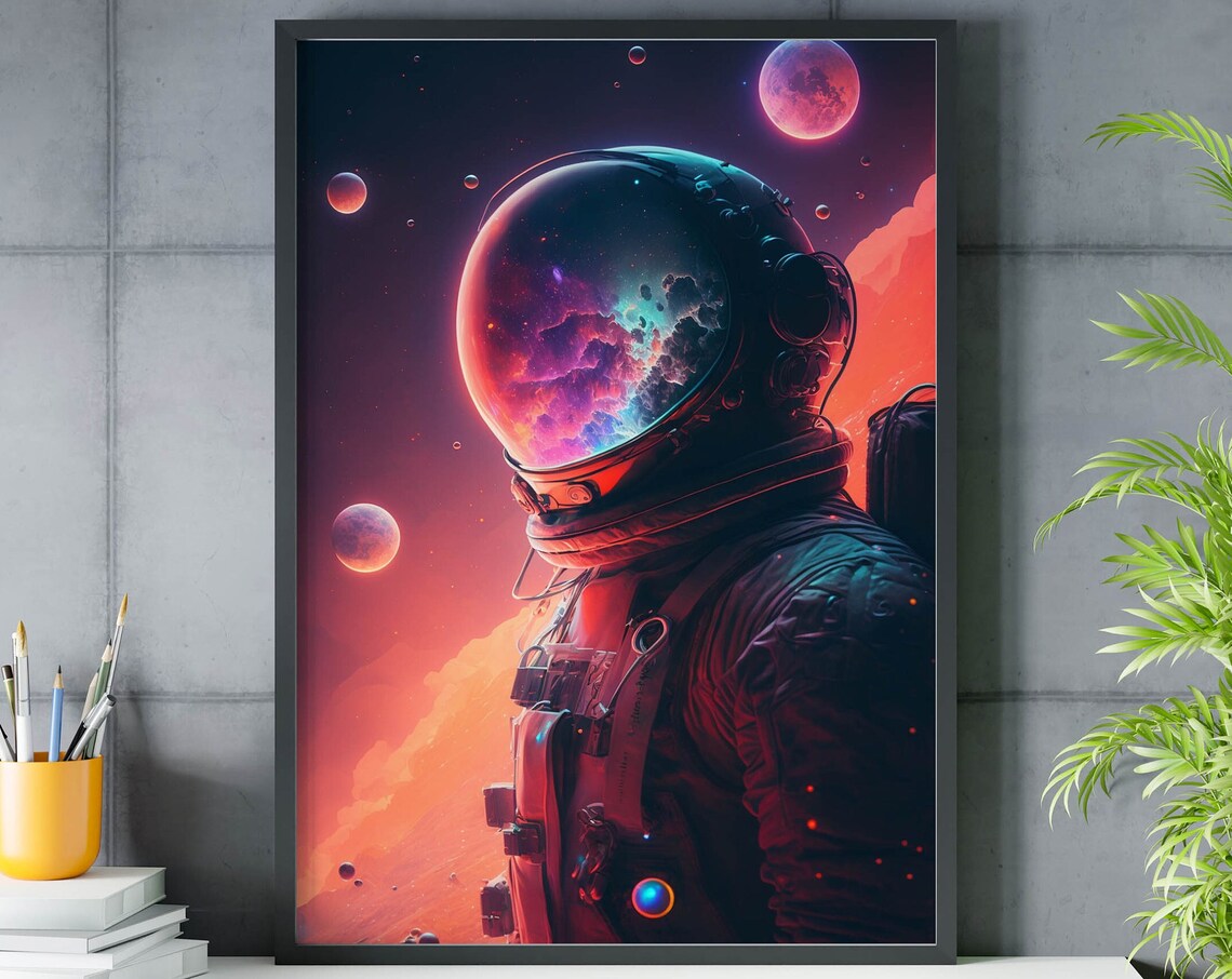 Astronaut Profile Glass Helmet Reflecting Pink Nebula Space Poster