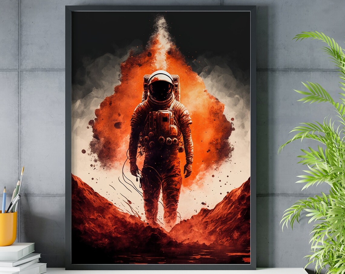 Vivid Astronaut Red Planet Mars Watercolor Space Explorer Wall Art