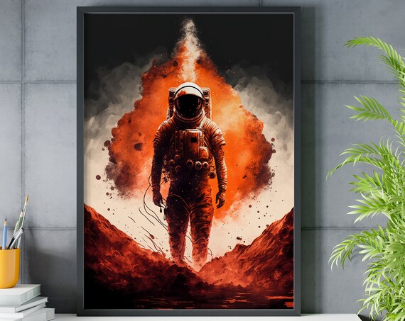 Vivid Astronaut Red Planet Mars Watercolor Space Explorer Wall Art