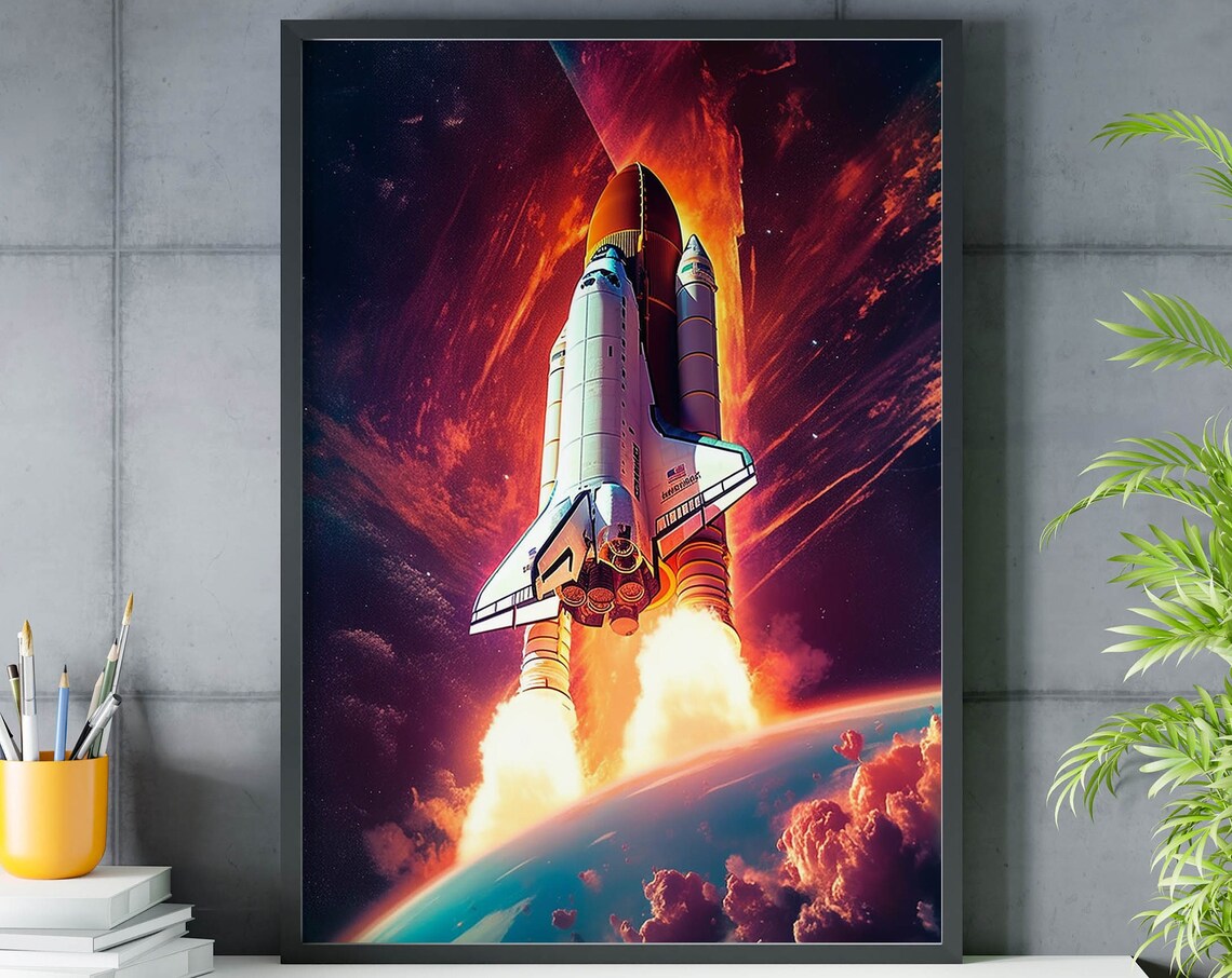 Space Shuttle Ascending Over Earth Red Nebula Sky Rocket Poster