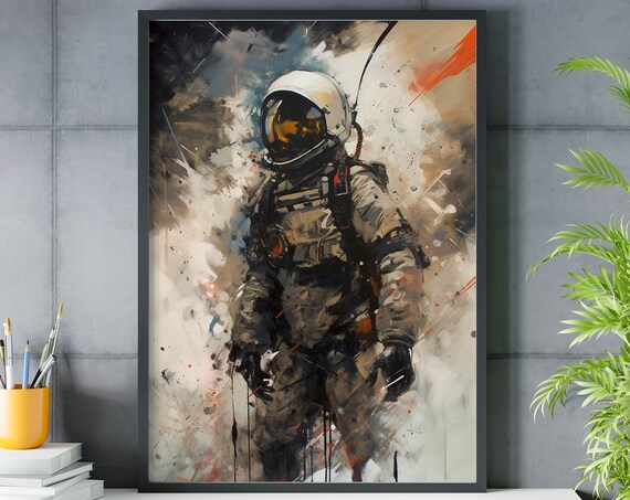 Astronaut Standing Abstract White Orange Splash Painting Poster