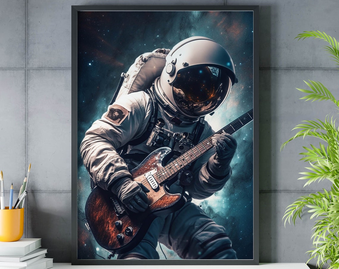Astronaut Playing Electric Guitar in Nebula Starry Night Poster