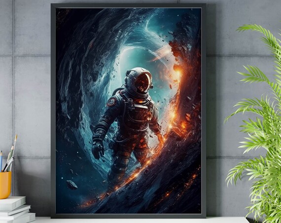 Astronaut Walking Through Cosmic Vortex Ice Fire Space Poster