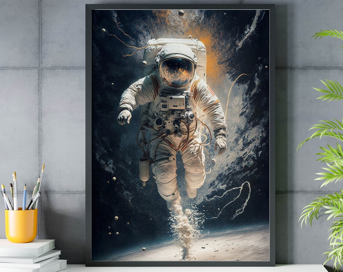 Astronaut Floating Above Lunar Surface Poster Golden Burst Space Art