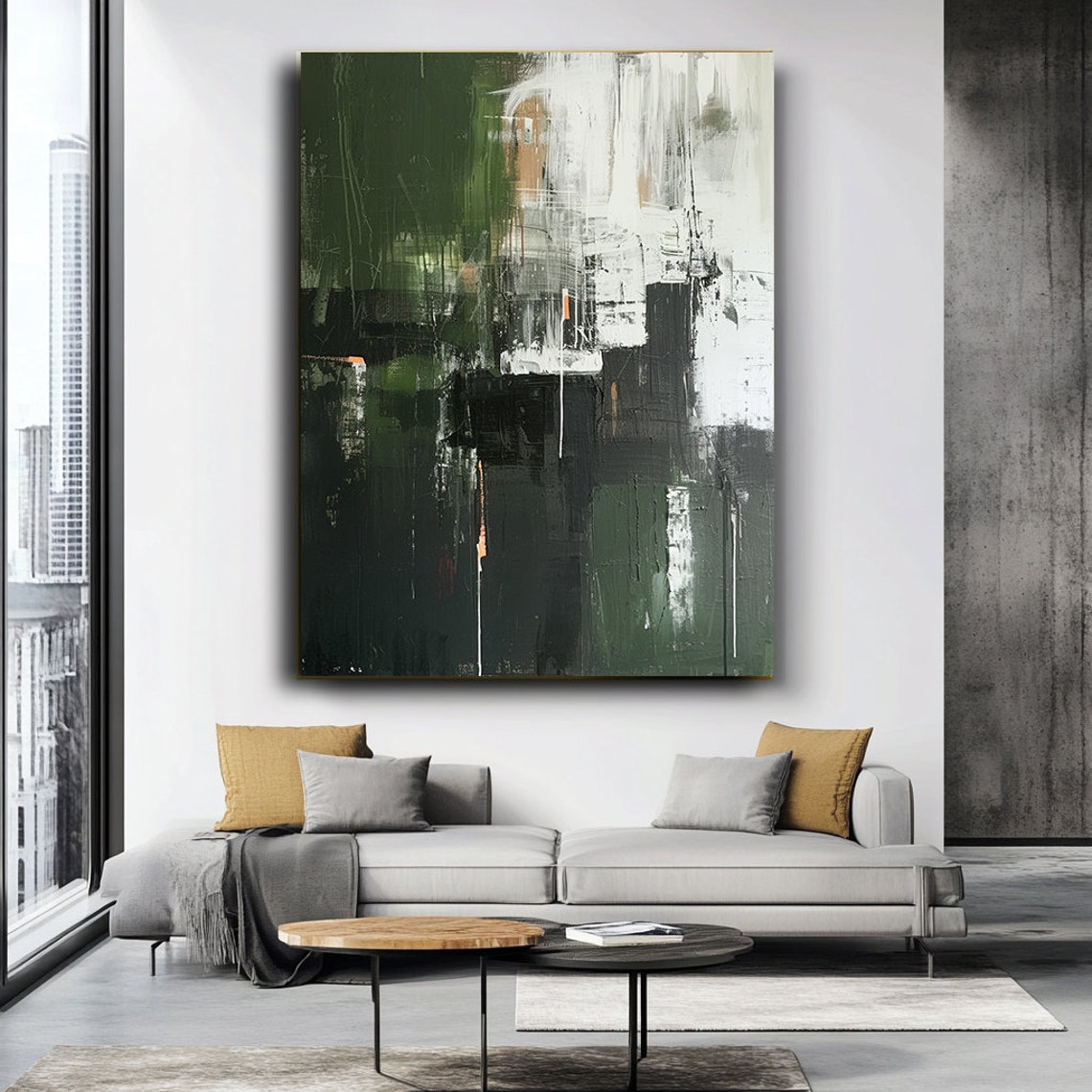 Dark Green Black White Abstract Gestural Modern Painting Poster - Image 3