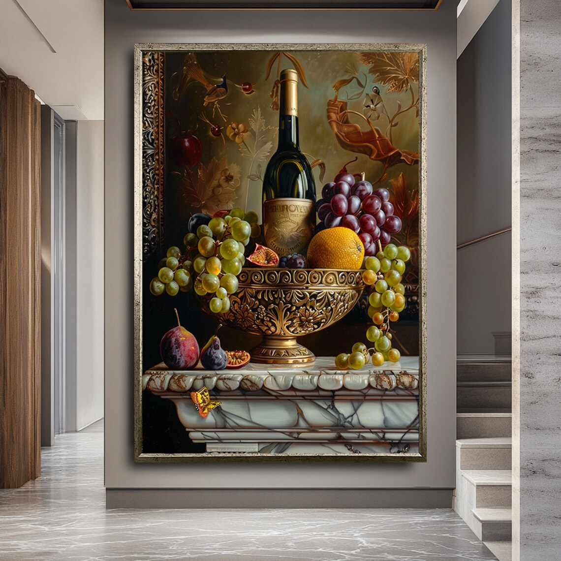 Ornate Bowl Filled With Grapes Art Natrmord Art Still Life Wall Art Modern Kitchen Decor Modern Wall Decor Fruit Art - Image 2