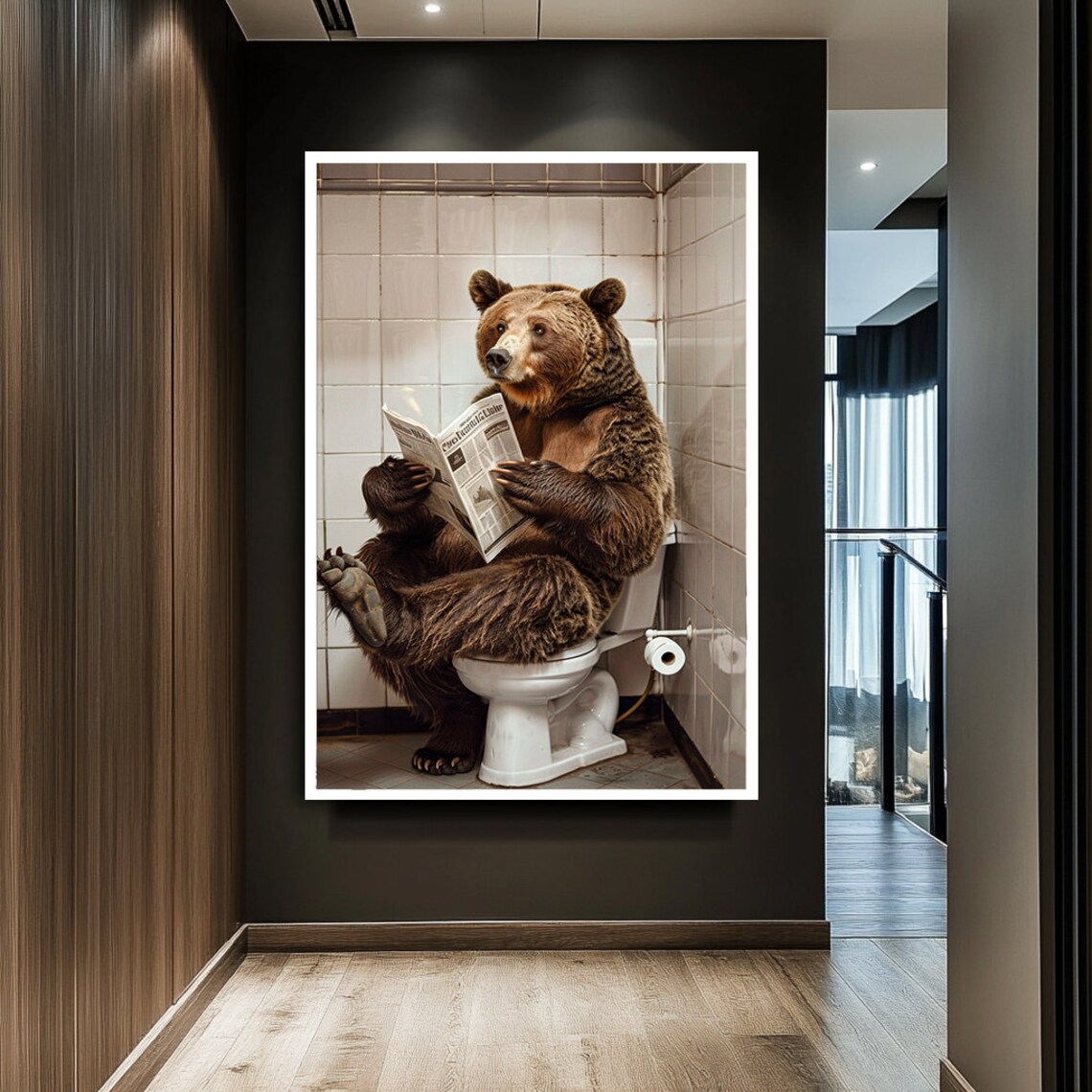 Funny Bear Sitting On Toilet Reading Newspaper Humorous Bathroom Wall Art Poster - Image 2