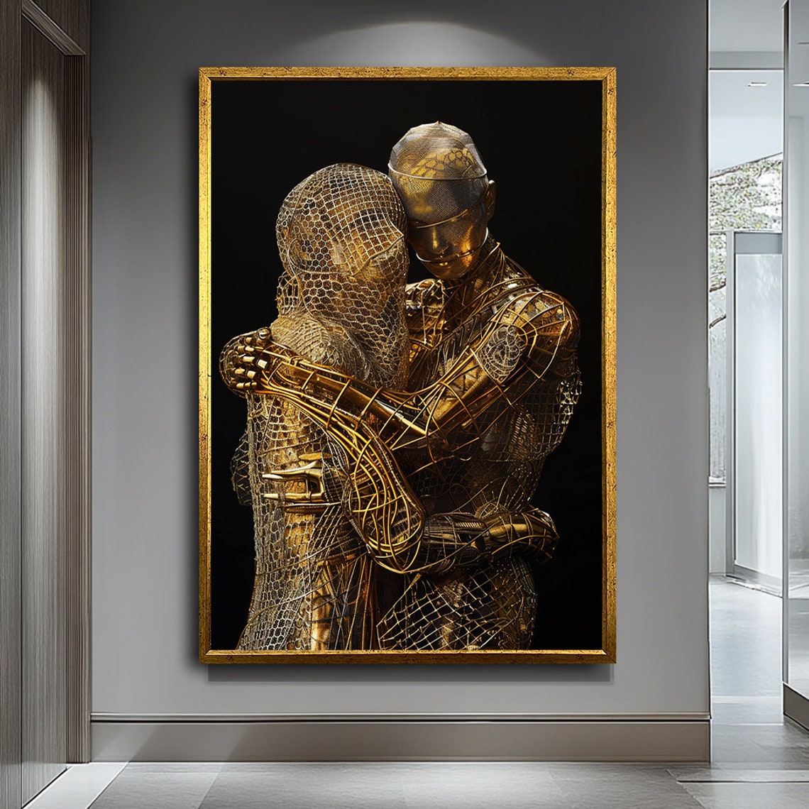 Golden Wire Sculpture Couple Embrace Romantic Love Art Poster