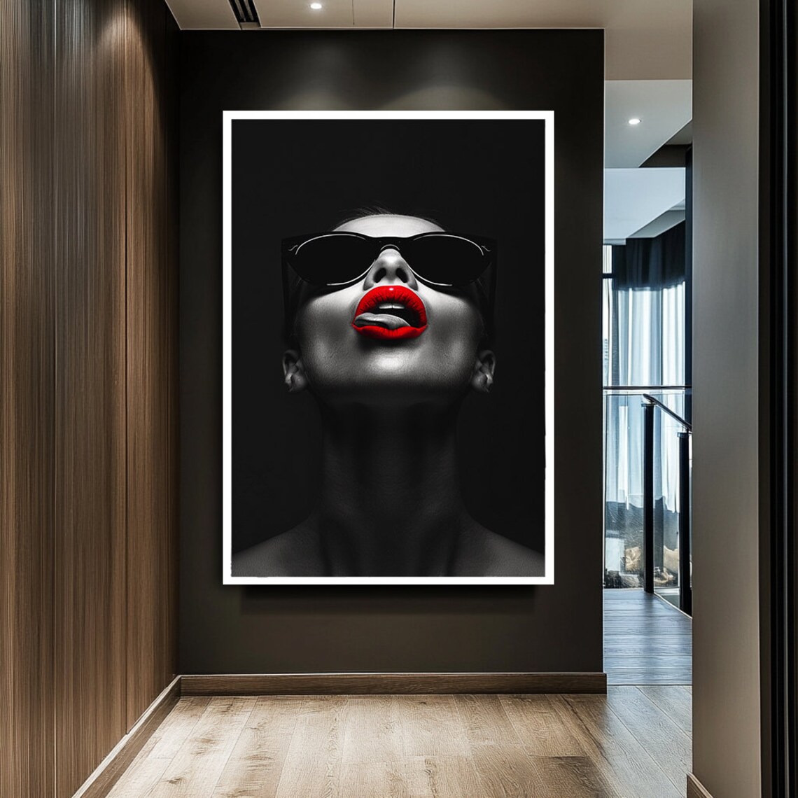Stylish Woman In Sunglasses With Bold Red Lips Black White Wall Art - Image 2