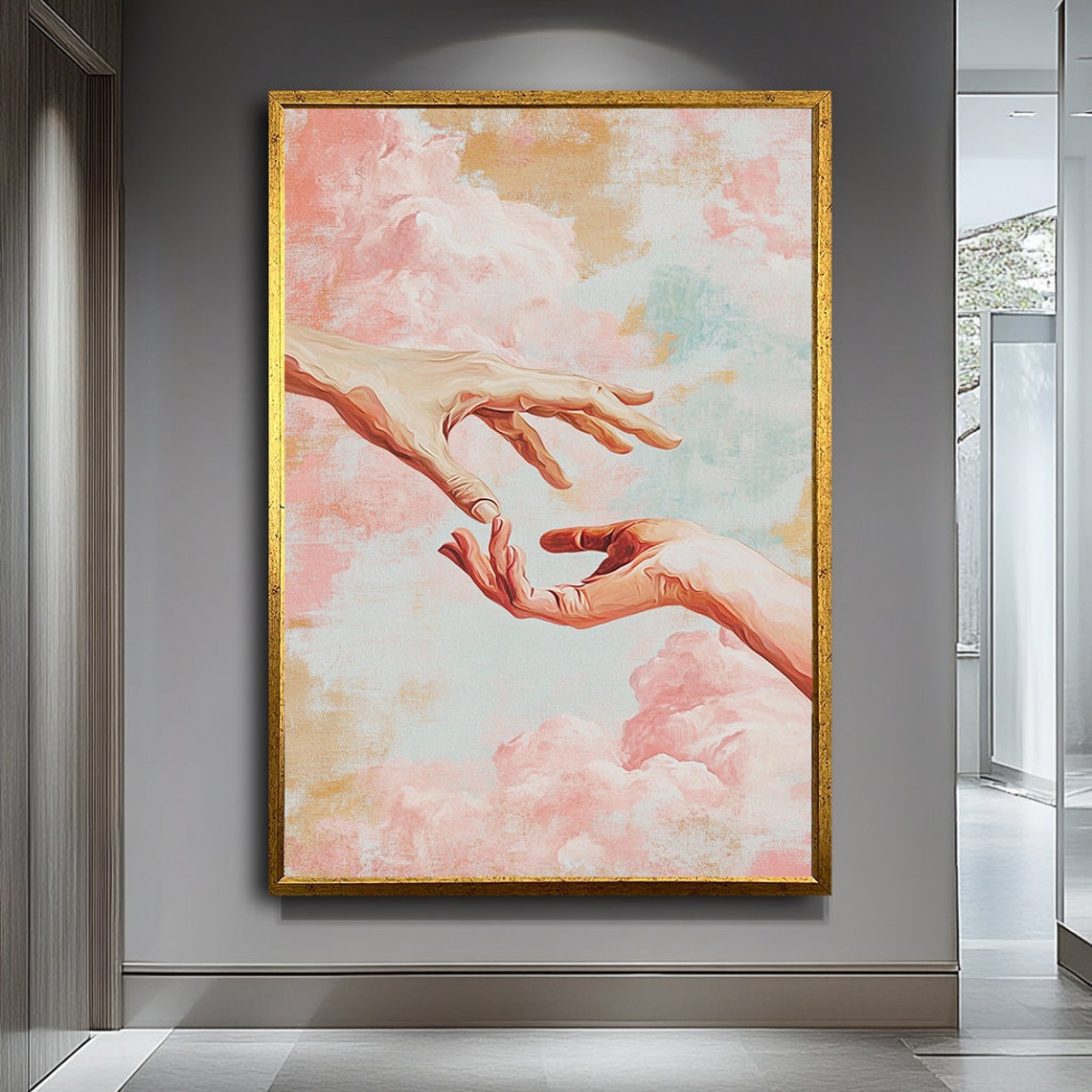 Creation of Adam Style Hands Reaching Pastel Clouds Romantic Art Print